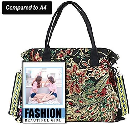 Canavas Shoulder Handbags for Women,Ladies Ethnic Travel Bohemian Bags Tote with Bling Sequins Phoenix Embroidered