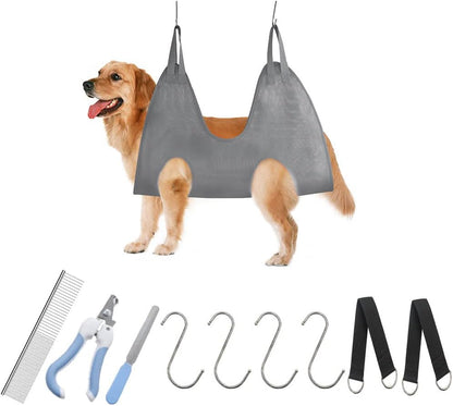 Pet Grooming Hammock Harness for Cats & Dogs, Pet Supplies Kit, Pet Stuff Helper with Nail Clippers/Trimmer, Nail File for Bathing, Pet Comb (Grey, Small Dog)