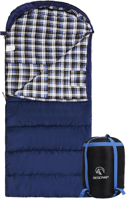 Flannel Sleeping Bag for Adults, Comfortable Cotton Sleeping Bags for Camping with Detachable Hood, Red/Grey/Blue