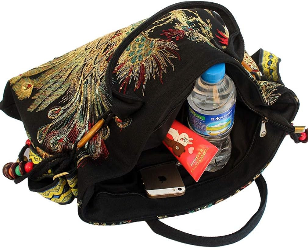 Canavas Shoulder Handbags for Women,Ladies Ethnic Travel Bohemian Bags Tote with Bling Sequins Phoenix Embroidered