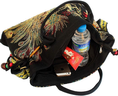 Canavas Shoulder Handbags for Women,Ladies Ethnic Travel Bohemian Bags Tote with Bling Sequins Phoenix Embroidered