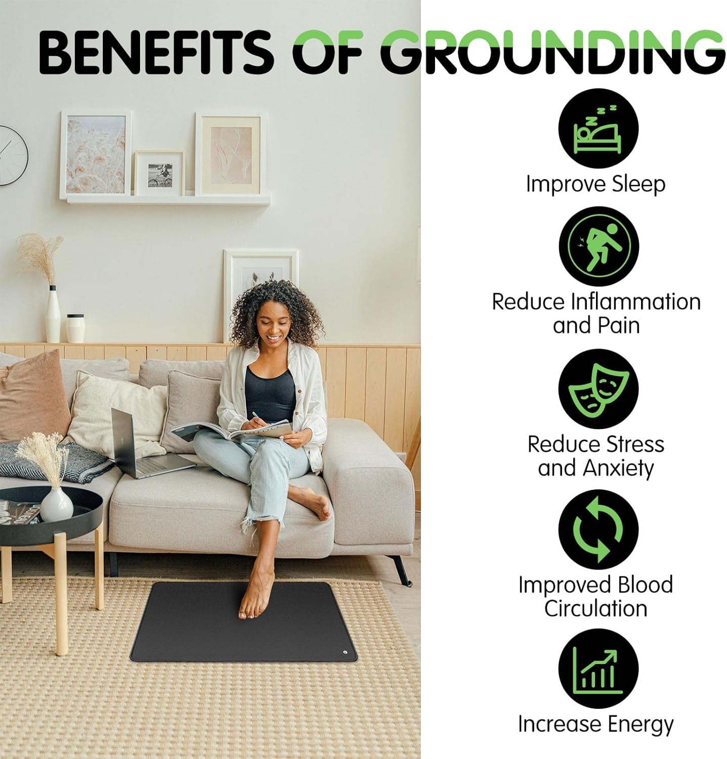 Grounding Mat 24"X16", Grounding Mat for Bed, Non-Slip Rubber Bottom Grounding Pad for Sleep, Energy, Pain Relief, Inflammation, Balance, Wellness, Non-Slip Earth Mat, Earth Connected Therapy