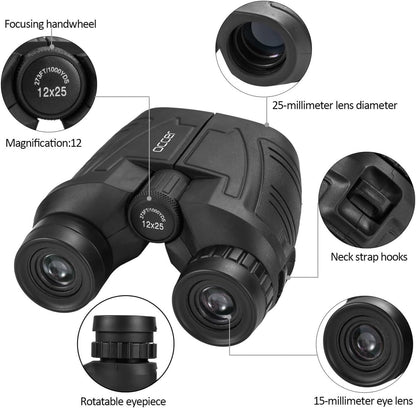 12X25 Compact Binoculars for Adults and Kids, Large Eyepiece Waterproof Binocular with Low Light Vision,High Powered Easy Focus Binoculars for Bird Watching,Outdoor Hunting,Travel,Sightseeing