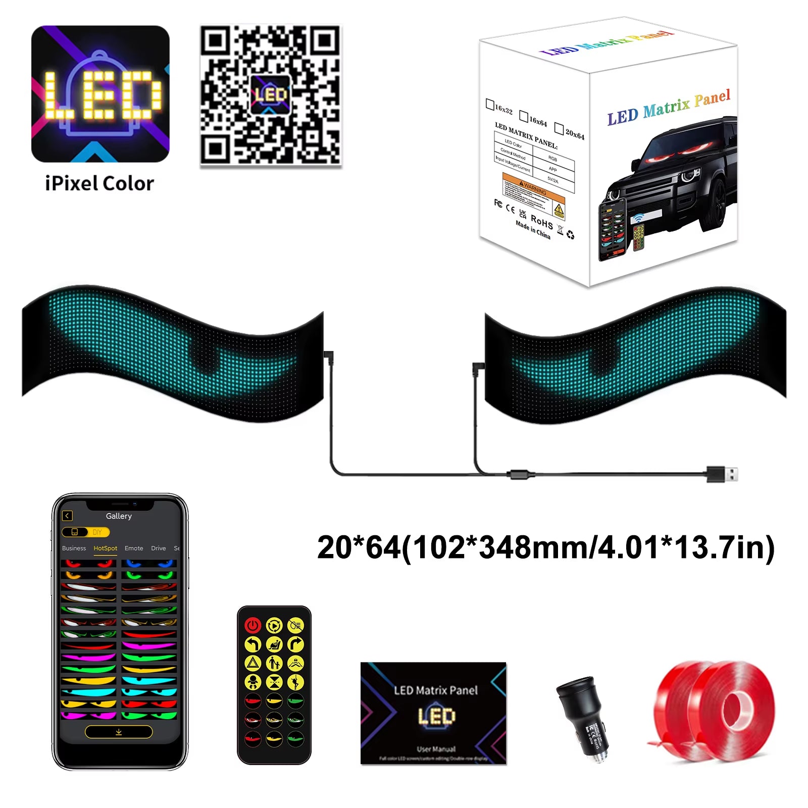Multifunctional Bright Devil Eyes LED Light for Car Windshield Flexible Programmable Scrolling LED Display Bluetooth APP Control