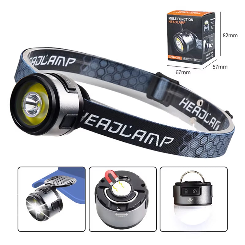 Multifunction Portable LED Headlamp USB C Rechargeable Head Flashlight with Strong Magnet Cap Clip Camping Fishing Headlight