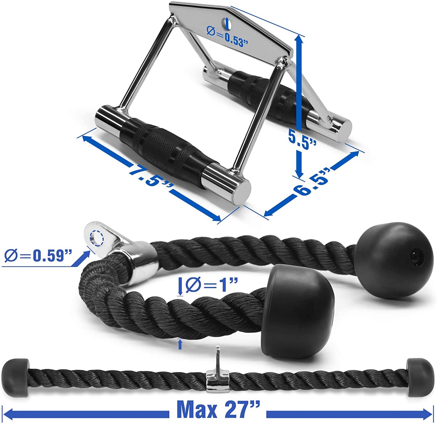 Cable Machine Attachment, Row Handles, Tricep Rope, Straight Bar, V Bar, LAT Pulldown Accessories Load 880 LB for Home Gym