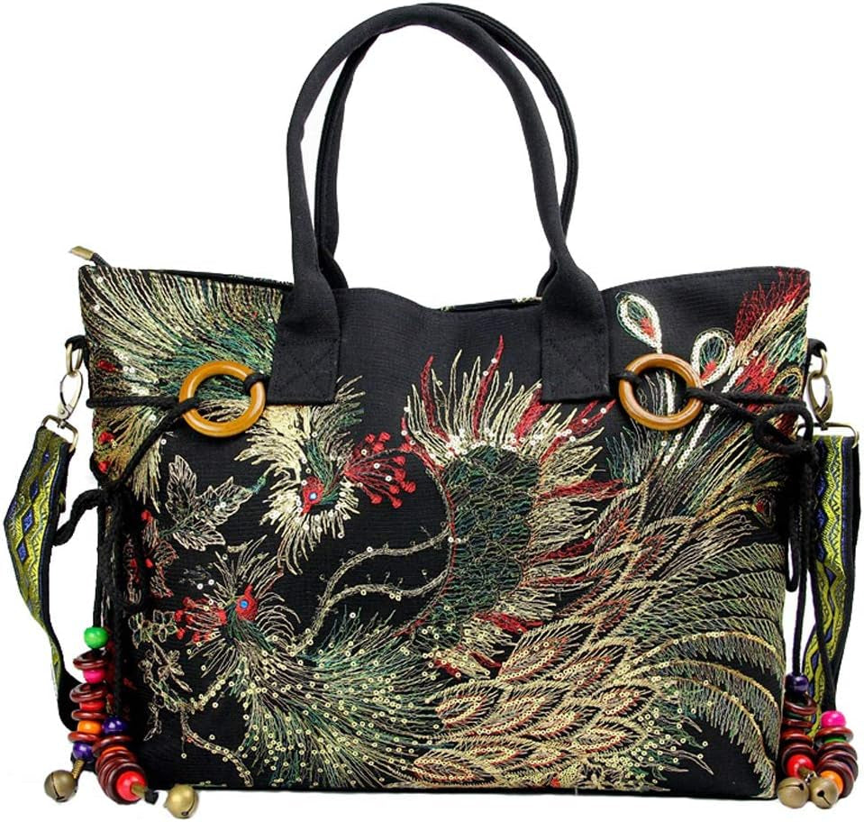 Canavas Shoulder Handbags for Women,Ladies Ethnic Travel Bohemian Bags Tote with Bling Sequins Phoenix Embroidered