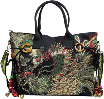 Canavas Shoulder Handbags for Women,Ladies Ethnic Travel Bohemian Bags Tote with Bling Sequins Phoenix Embroidered