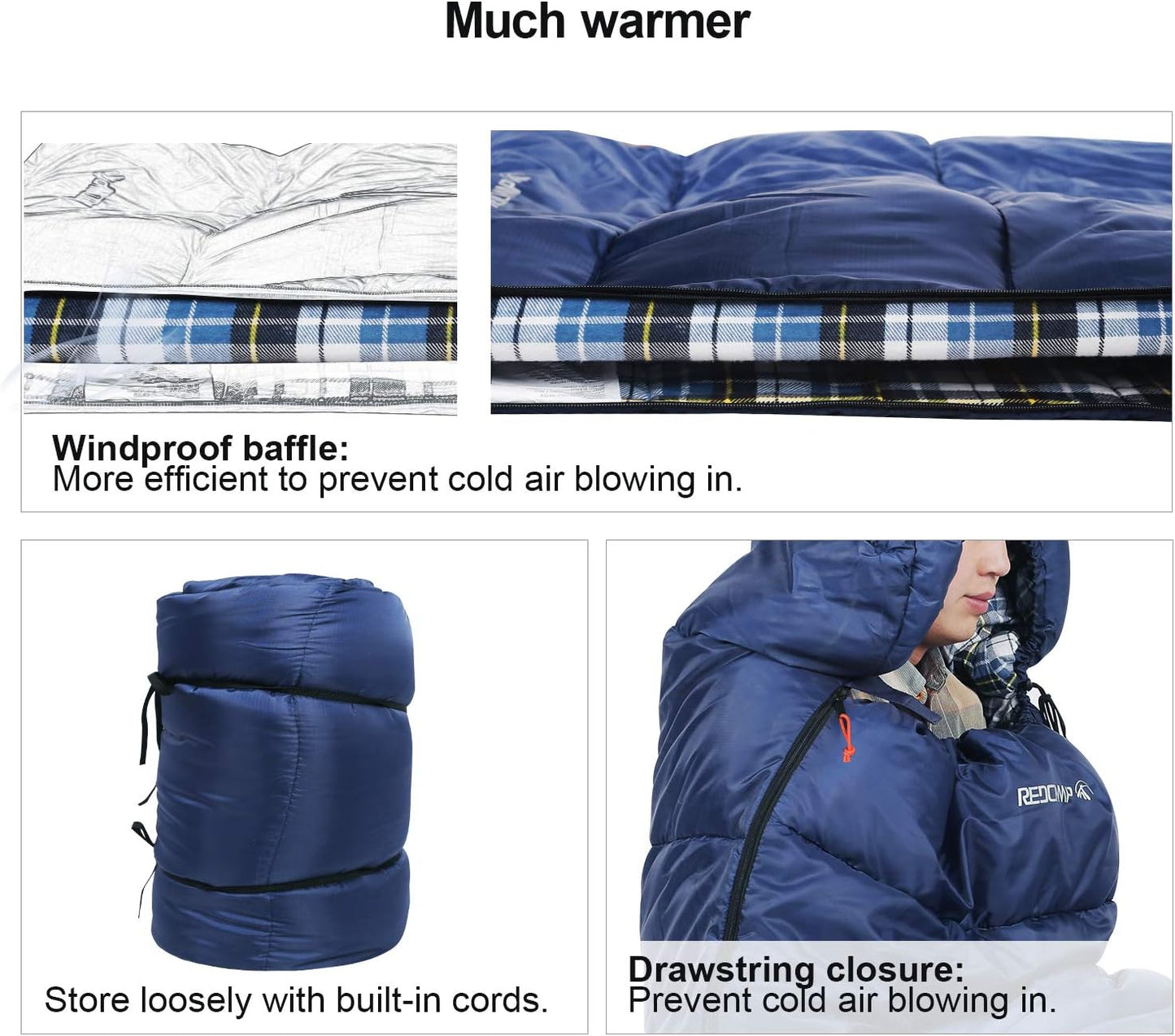 Flannel Sleeping Bag for Adults, Comfortable Cotton Sleeping Bags for Camping with Detachable Hood, Red/Grey/Blue