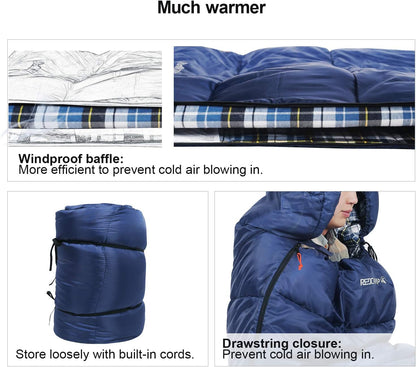 Flannel Sleeping Bag for Adults, Comfortable Cotton Sleeping Bags for Camping with Detachable Hood, Red/Grey/Blue