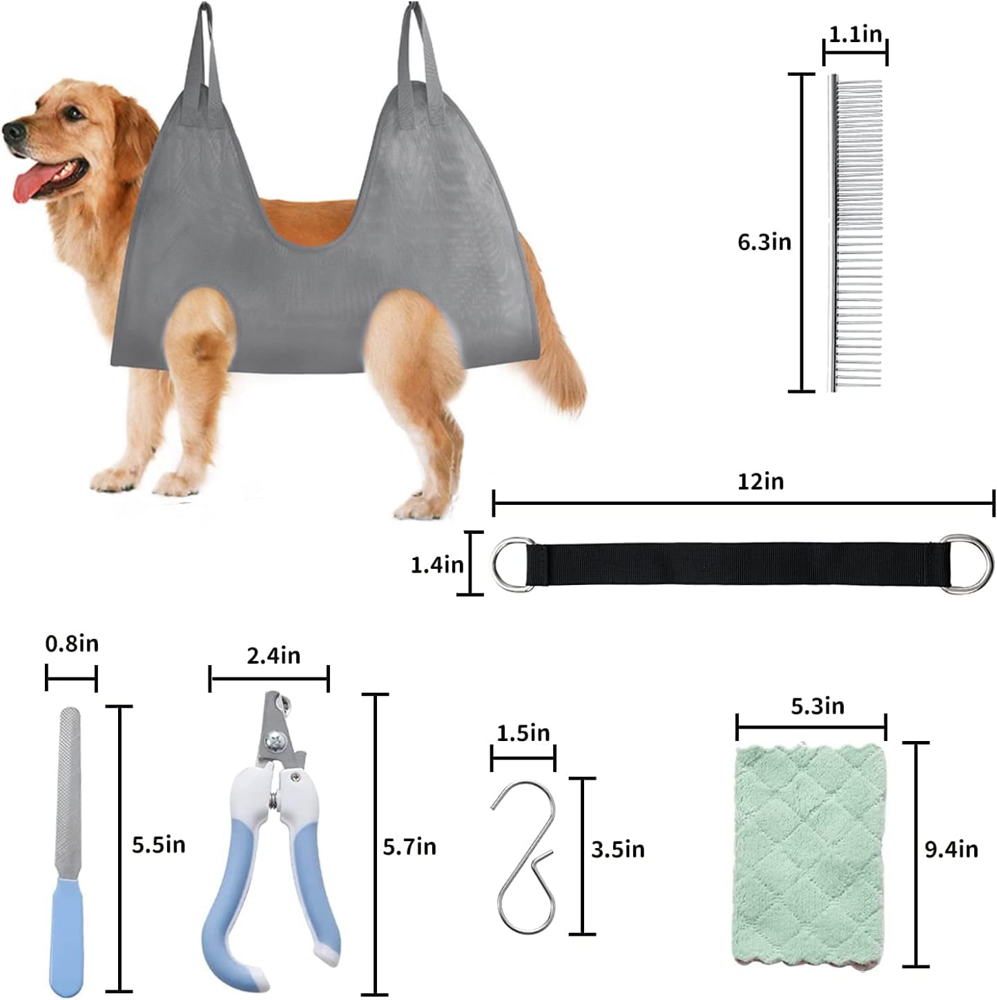 Pet Grooming Hammock Harness for Cats & Dogs, Pet Supplies Kit, Pet Stuff Helper with Nail Clippers/Trimmer, Nail File for Bathing, Pet Comb (Grey, Small Dog)