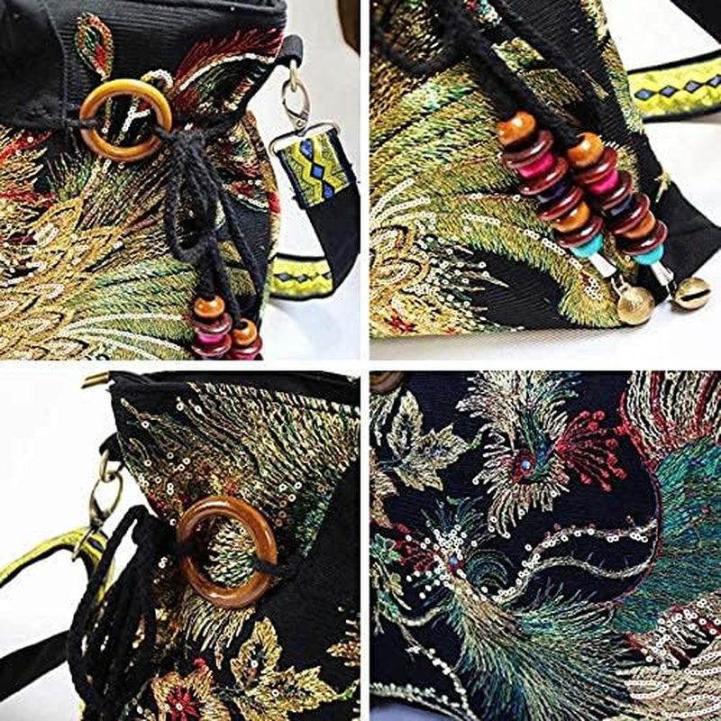 Canavas Shoulder Handbags for Women,Ladies Ethnic Travel Bohemian Bags Tote with Bling Sequins Phoenix Embroidered