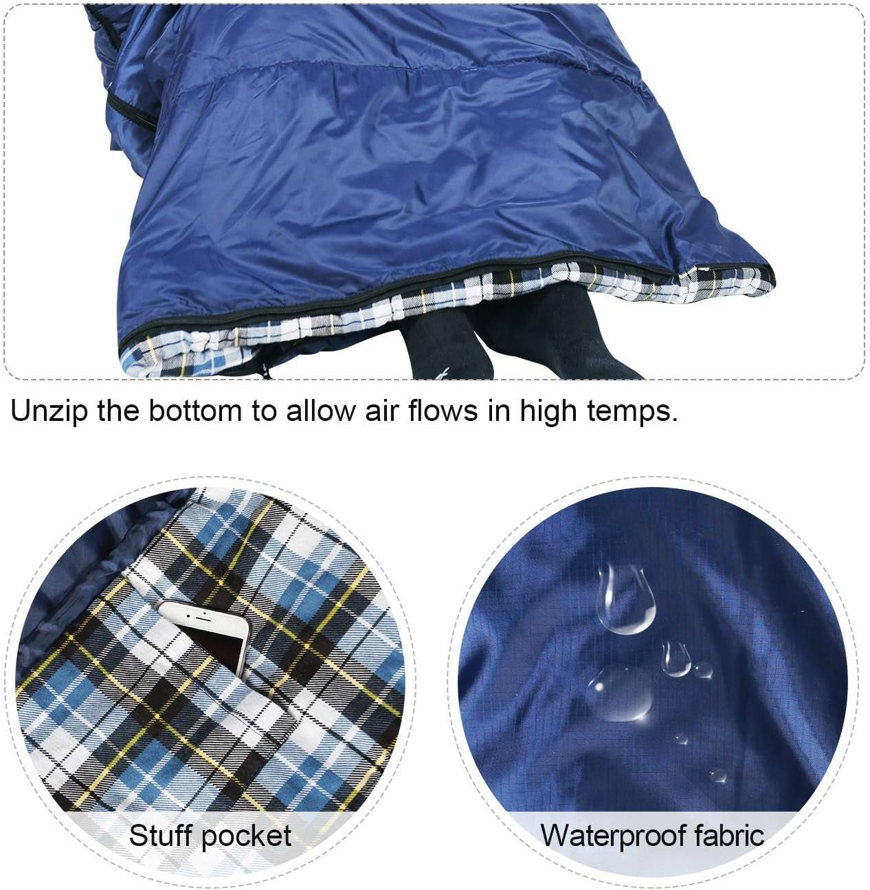 Flannel Sleeping Bag for Adults, Comfortable Cotton Sleeping Bags for Camping with Detachable Hood, Red/Grey/Blue