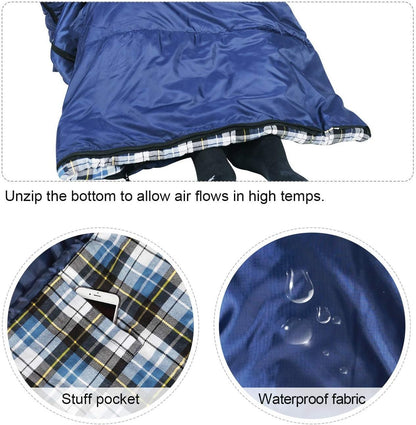 Flannel Sleeping Bag for Adults, Comfortable Cotton Sleeping Bags for Camping with Detachable Hood, Red/Grey/Blue