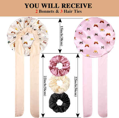 2+3 Large Satin Bonnets with Scrunchies for Women, Hair Bonnet Sleeping Tie Bonnet for Braids Curly Hair